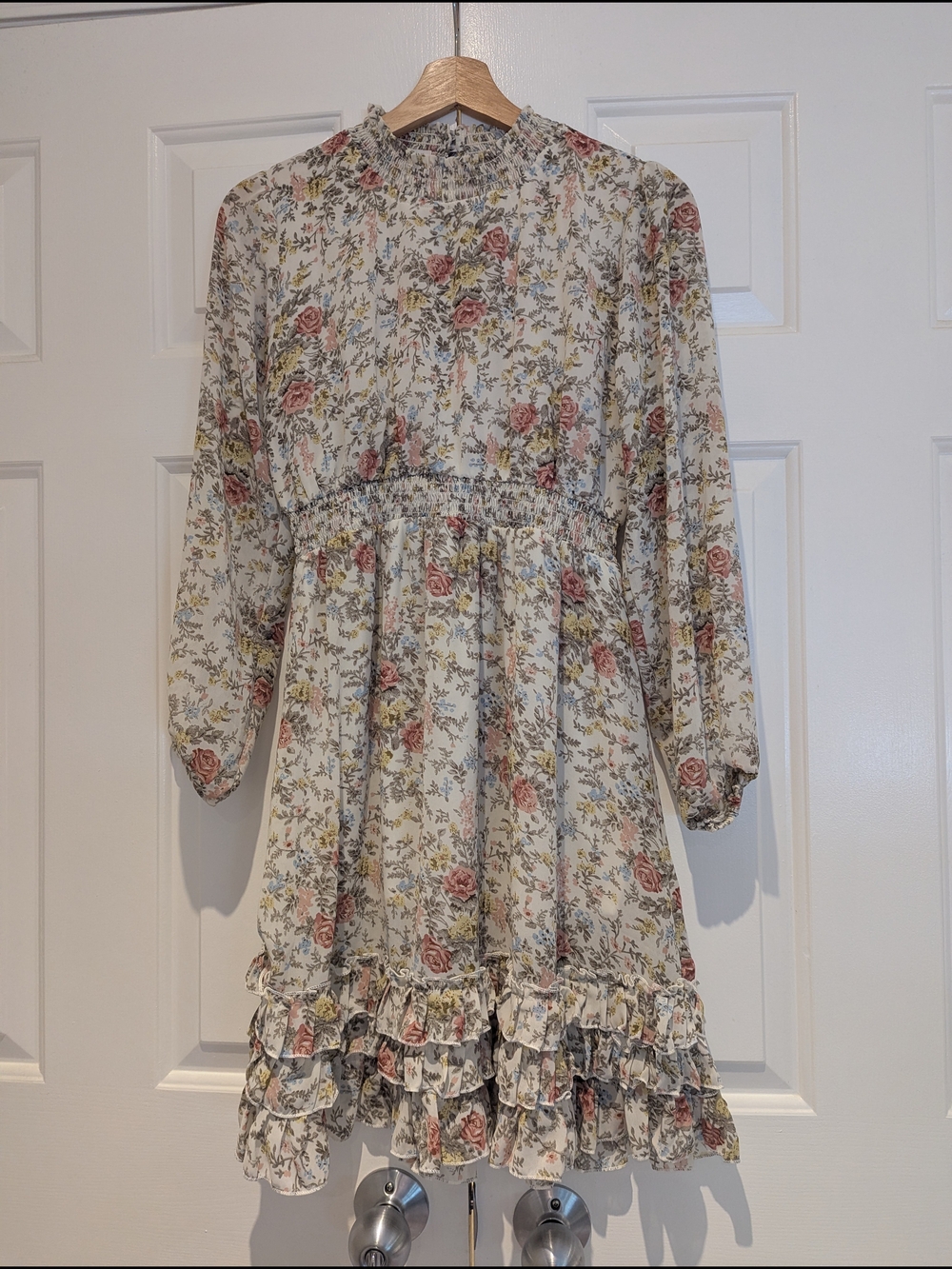 Floral Long Sleeve Midi Mini Dress Retro Boho Cottagecore Coquette Romantic S/XS